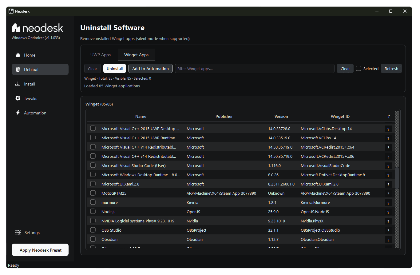Neodesk debloat page screenshot with uninstallable applications